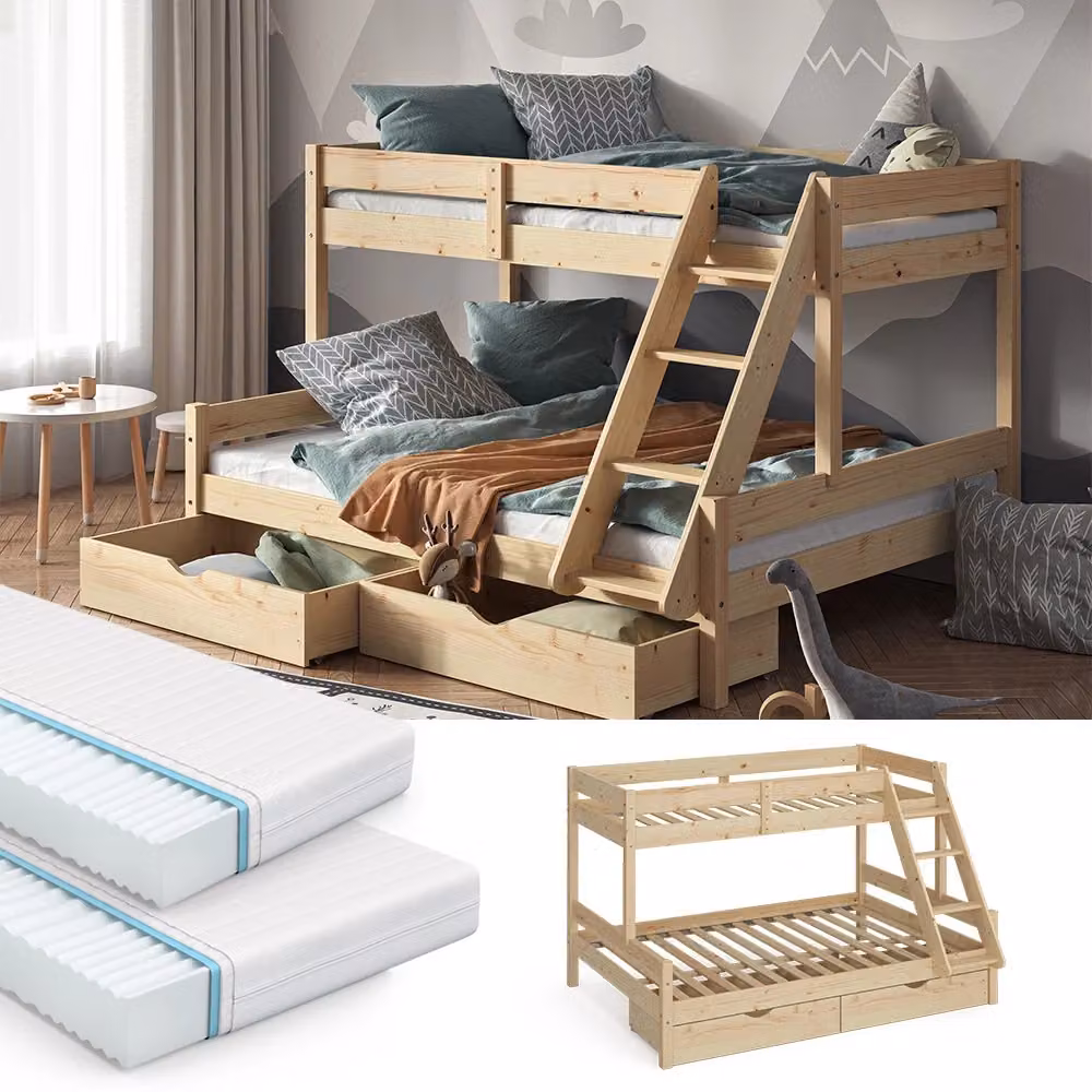 Letto a castello Everest Vitalispa in legno di pino con 2 materassi e 2 cassetti, disponibile in bianco o marrone, L/P: 140x200 cm e 90x200 cm – 2