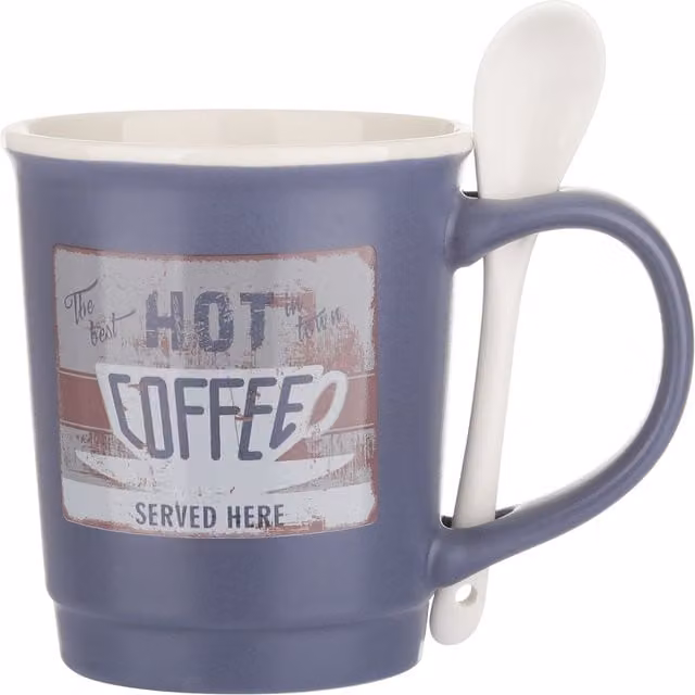 Mug da caffè KASANOVA in ceramica blu con cucchiaino, capacità 400 ml, lavabile in lavastoviglie e utilizzabile in microonde – 1