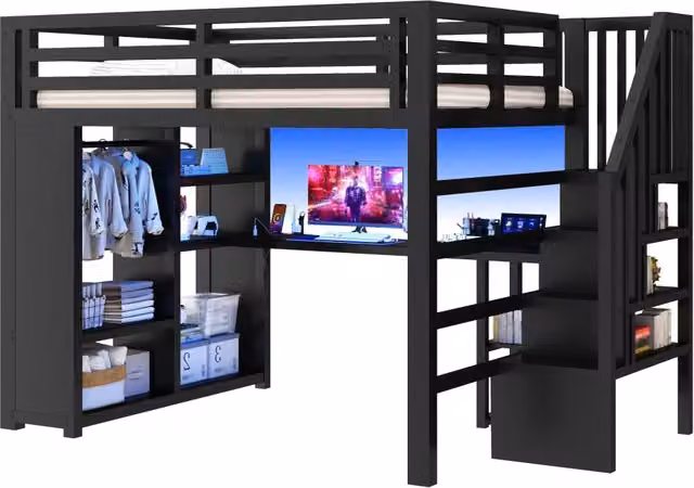 Letto rialzato in metallo 140x200 cm nero con scrivania gaming; LED; USB; scala contenitore e armadio aperto