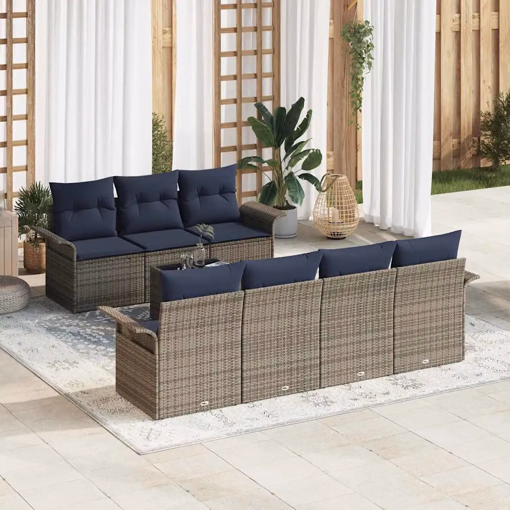 Set Divano da Giardino vidaXL 8 pz a Forma a U in Polyrattan Grigio e Blu con Tavolino e Cuscini