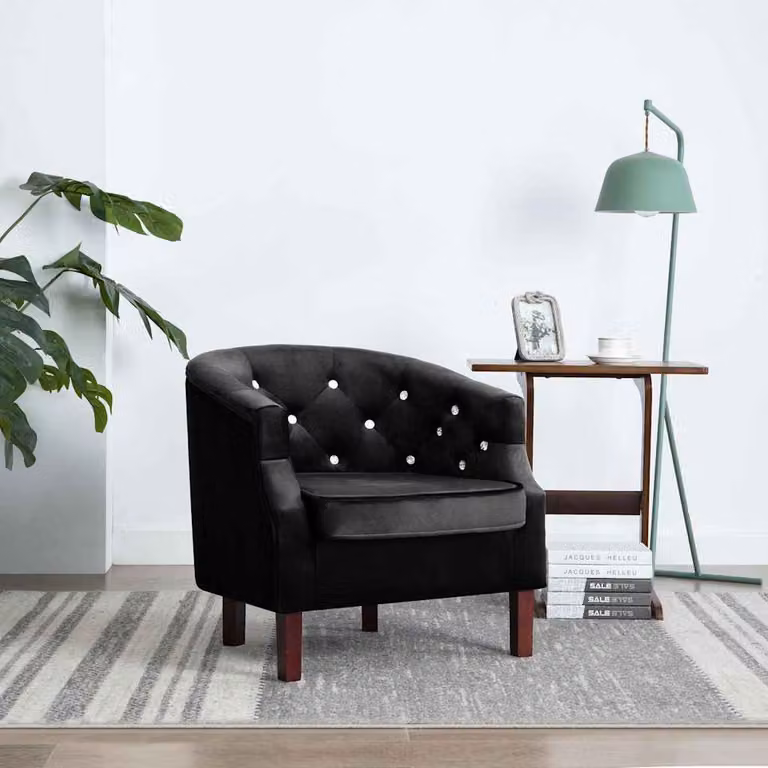 Poltrona moderna vidaXL in velluto nero con braccioli e struttura in legno per soggiorno o camera da letto L: 64 cm, P: 39 cm, H: 65 cm