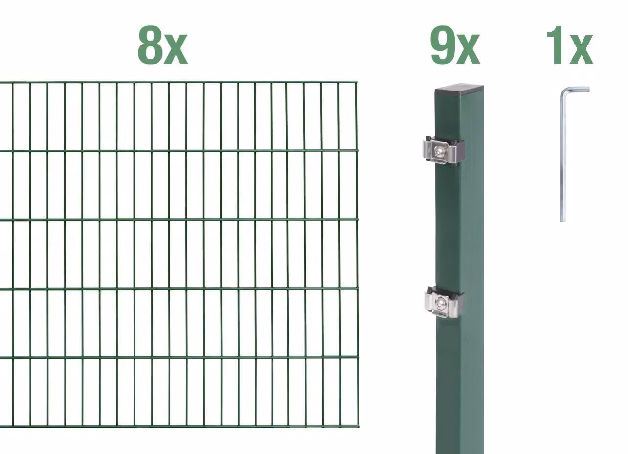 Alberts 651299 Recinzione a doppia rete metallica come set completo da 18 pezzi, verde, altezza 140 cm, lunghezza 16 m