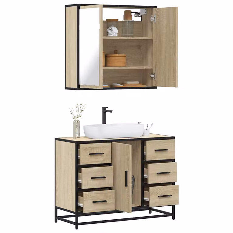 Set Mobili da Bagno 2 pz vidaXL in Legno e Metallo Stile Industrial Marrone con Armadietto Specchio e Mobile Lavabo con Illuminazione LED