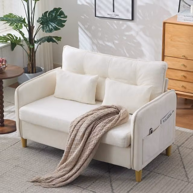Divano a 2 posti Mivray in tessuto beige con struttura in legno e cuscini inclusi L/P/H: 127 x 83 x 75,5 cm