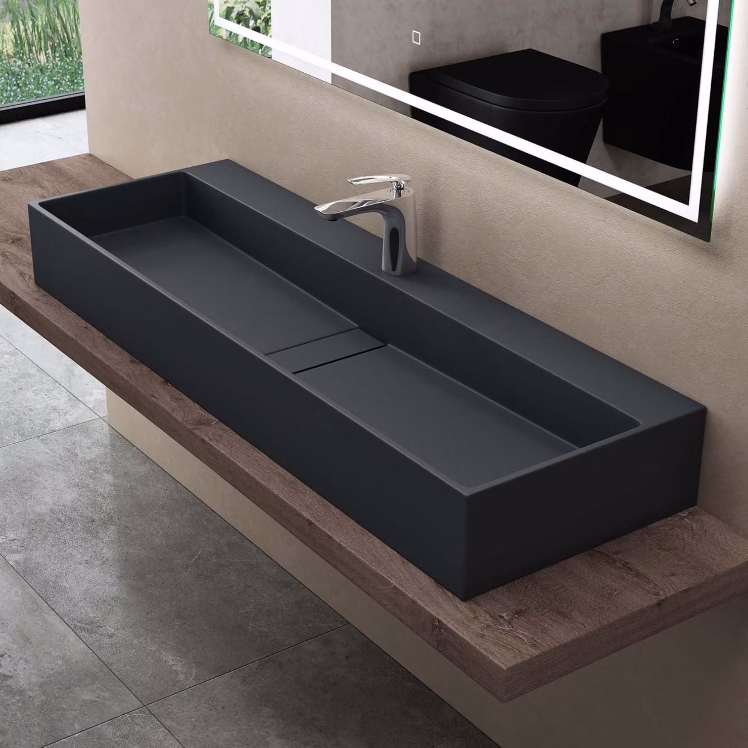 ddoporro Lavabo da Bagno Rettangolare 120 cm in Resina Minerale Antracite Opaco, Lavandino Sospeso / da Appoggio con Foro Rubinetto - Col6028