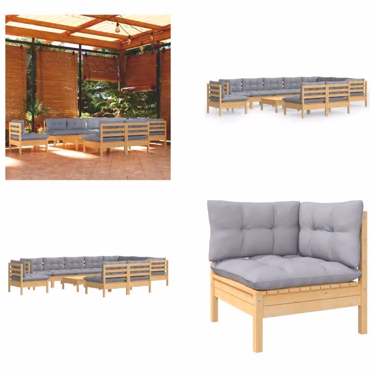 vidaXL set salotto da giardino 11 pezzi con cuscini grigi in pino massiccio - Set salotto da giardino - Set salotto da giardino - Set mobili da giardino - Set mobili da giardino