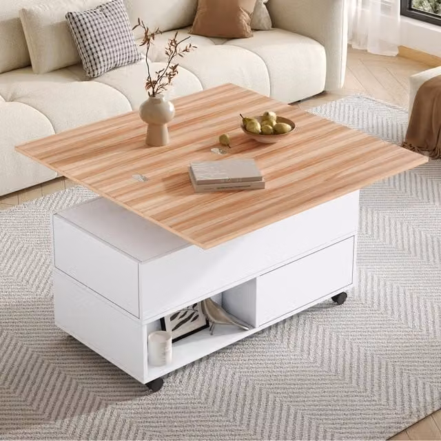 Tavolino basso sollevabile con 4 ruote e 4 cassetti per soggiorno in truciolato bianco rovere 100 × 50 × 52 cm