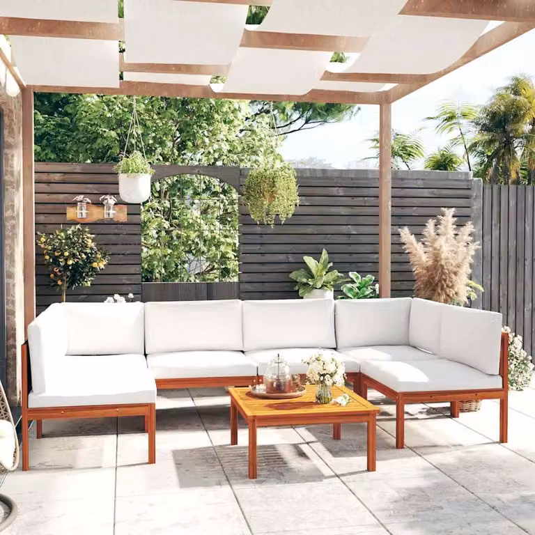 Set da giardino vidaXL in legno di acacia con cuscini beige e bianchi, 7 pezzi