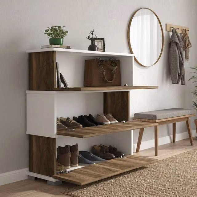 Scarpiera DMORA moderna con ante a battente e ripiani interni, Bianco e Noce, L: 90 cm, P: 30 cm, H: 93 cm