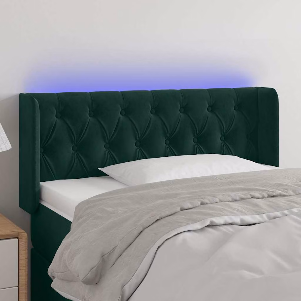 Testiera per letto vidaXL in velluto verde scuro con illuminazione LED e porta USB, L: 93 cm, P: 16 cm, H: 78-88 cm