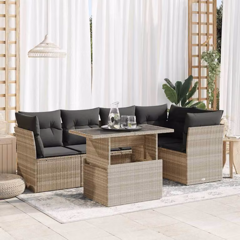 Set Divano da Giardino vidaXL 6 Pezzi a Forma di L con Tavolino e Cuscini Grigio Chiaro in Polyrattan e Metallo