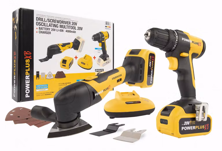 Set Powerplus POWXBBOX10 - Trapano a batteria + levigatrice multifunzione 20 V, 4 Ah