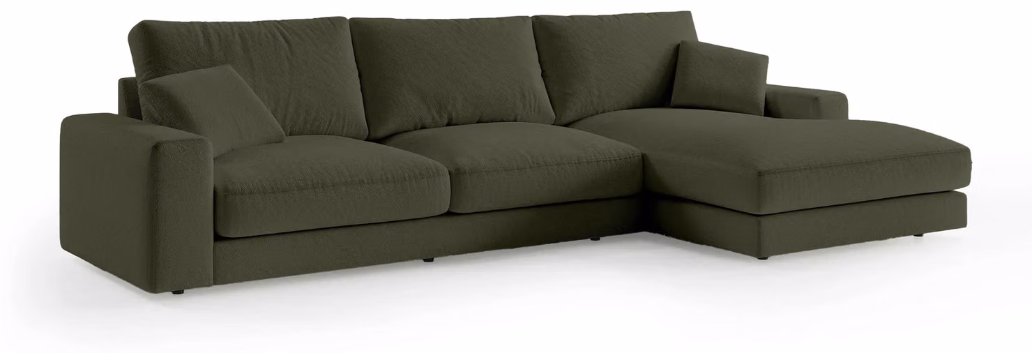 Divano angolare modello Harvesty, colore verde "Eibengrün", con chaise longue a destra