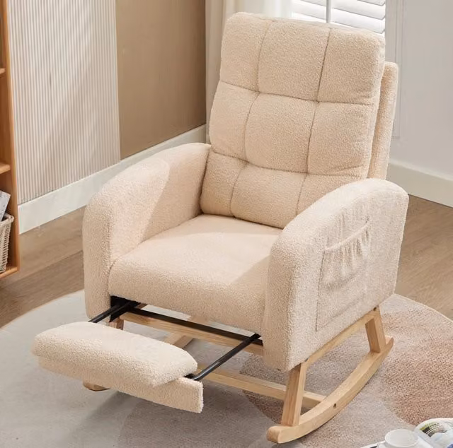 Poltrona a dondolo ergonomica con tasca laterale in bouclé beige