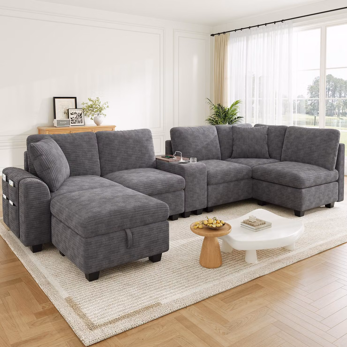 Divano angolare a forma di "U" Merax, 6 posti, divano modulare a forma di "L" con poggiapiedi contenitore, consolle centrale con porta USB di tipo C e portabicchieri, set di divano componibile, colore grigio