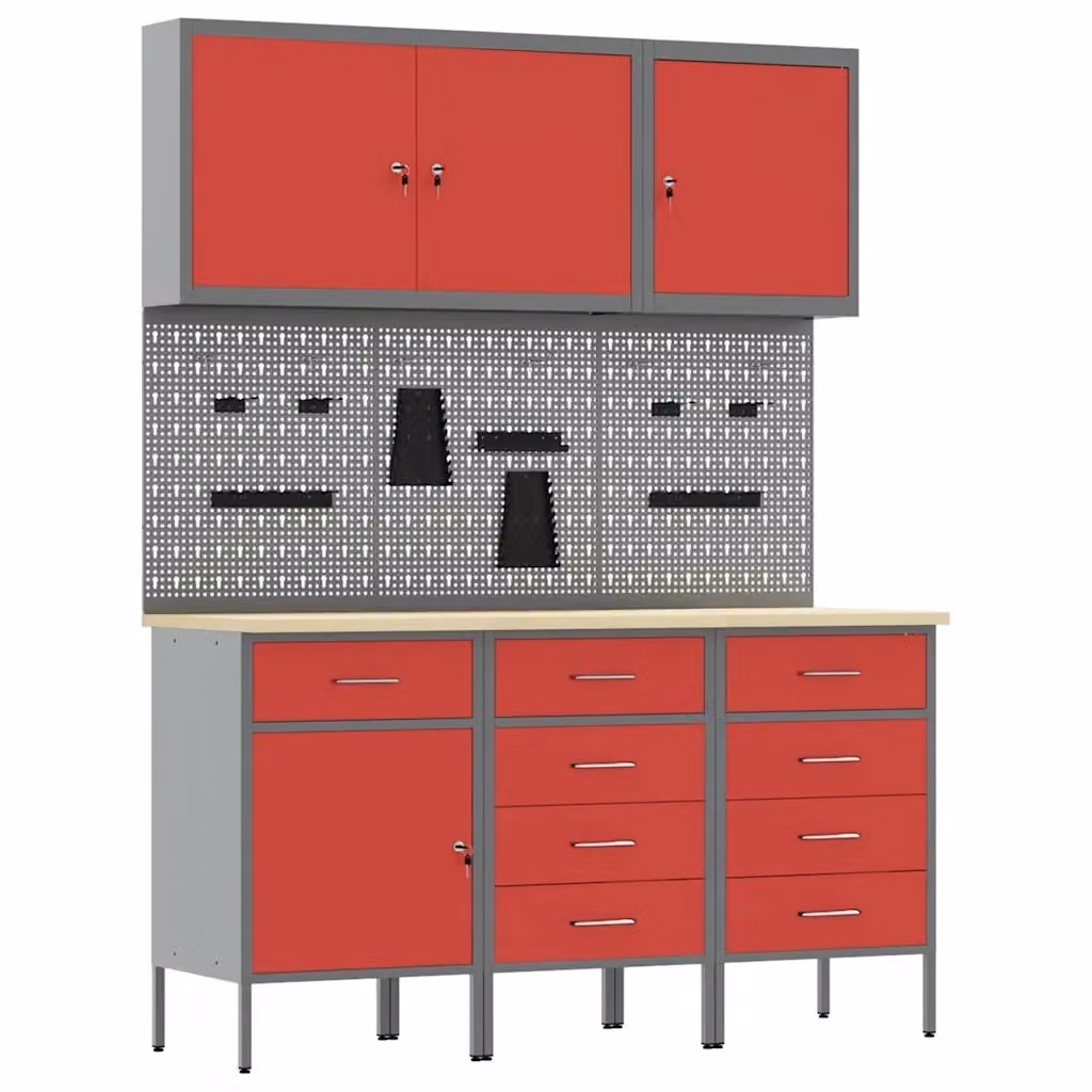 Mobile da lavoro con cassetto vidaXL 8 pezzi in acciaio e legno Rosso e Grigio – 2