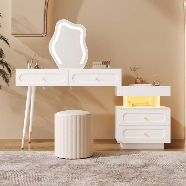 Tavolo da trucco WISHDOR con specchio LED e 4 cassetti, design moderno bianco, L 140 cm x P 40 cm x H 130 cm