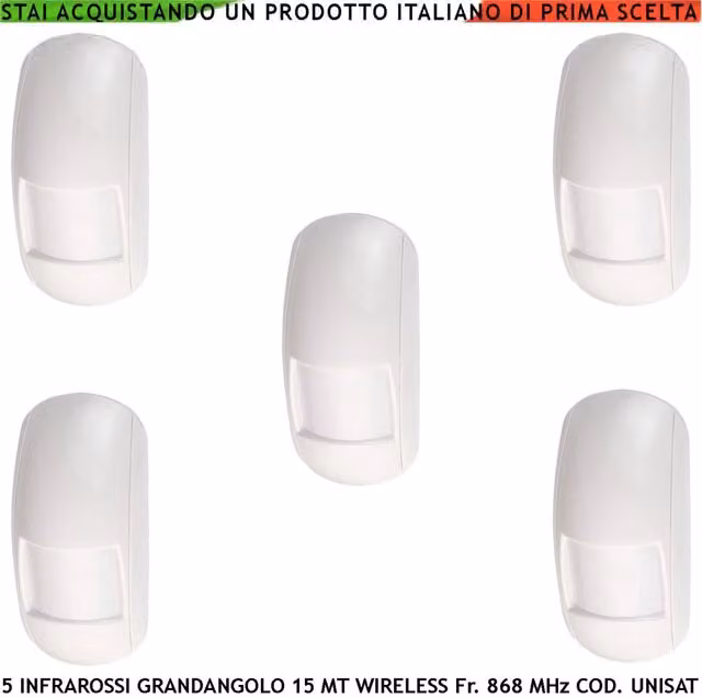 Set di 5 Sensori Infrarossi Grandangolo Securvera Bianchi con Rilevamento Movimento a 15 Metri e Tecnologia Anti Jamming per Uso Interno