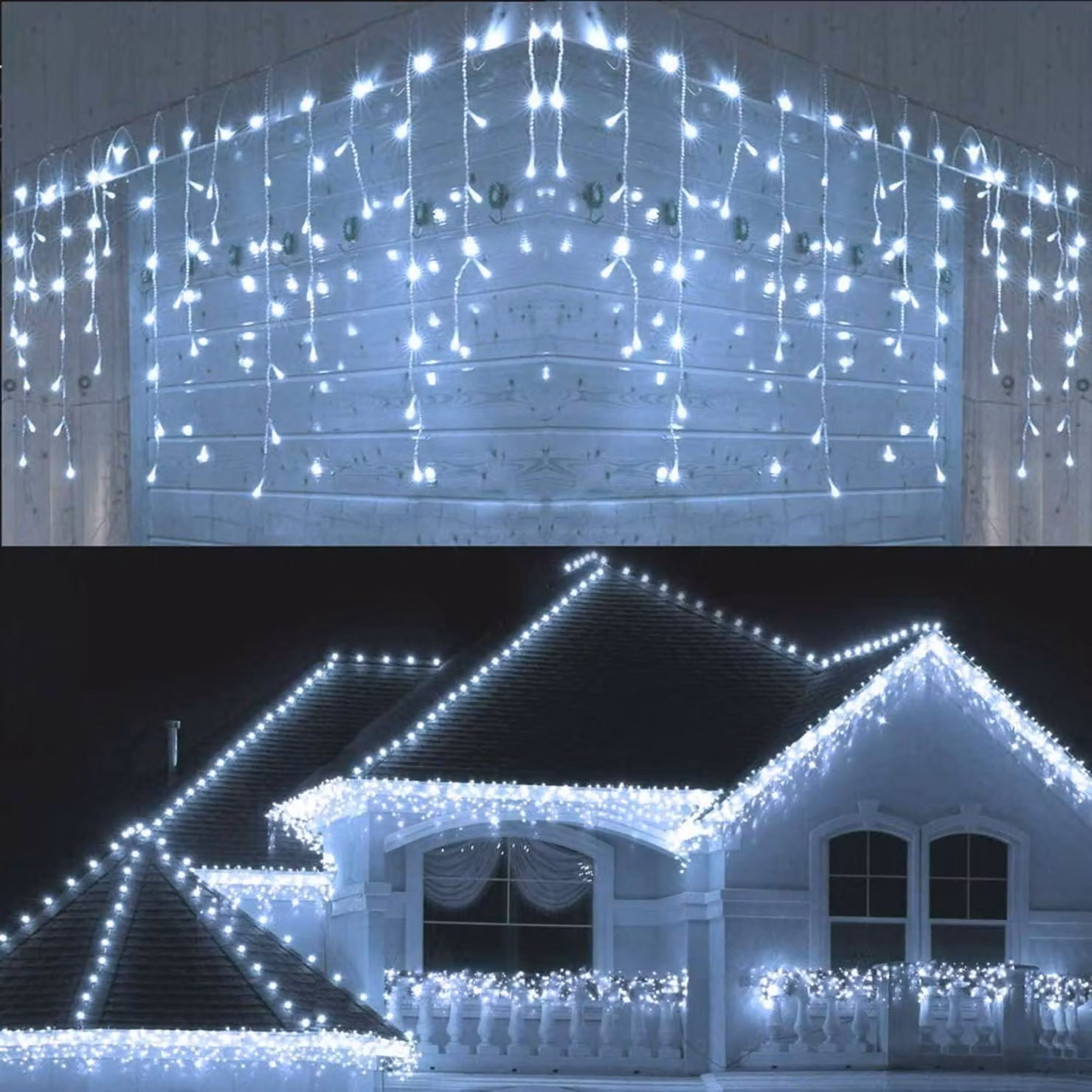 Catena luminosa a LED con effetto ghiaccio, 480 luci bianche fredde, 8 modalità, grado di protezione IP44, lunghezza 19,25 metri