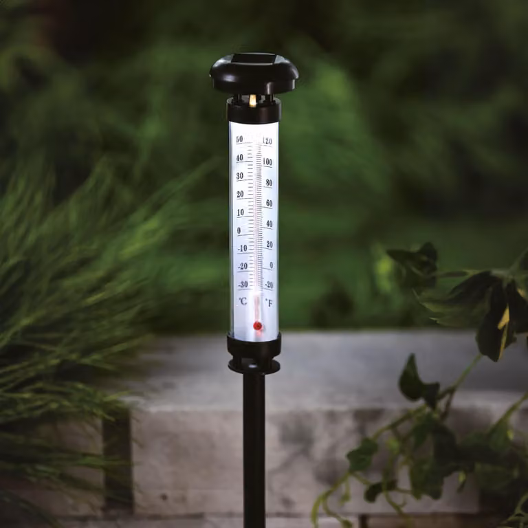 Termometro da giardino a energia solare con LED – Termometro analogico – LED bianco freddo – Ø 6,3 x 44,5 cm – Alimentazione solare – Con picchetto – Per giardino e esterni [11279]