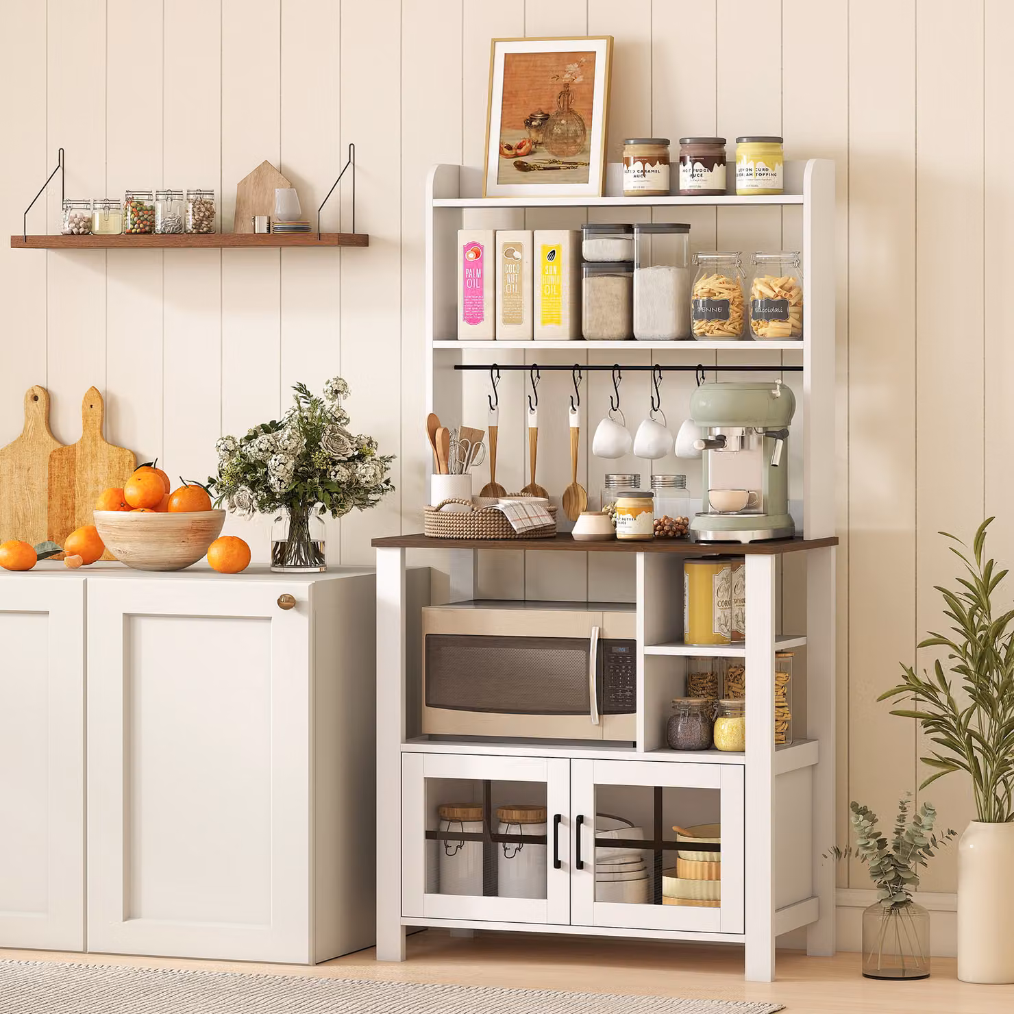 Credenza da cucina HOMCOM bianca con 2 ante in vetro, 6 ganci per tazze e ripiani aperti, L 80 x P 40 x H 152 cm – 2