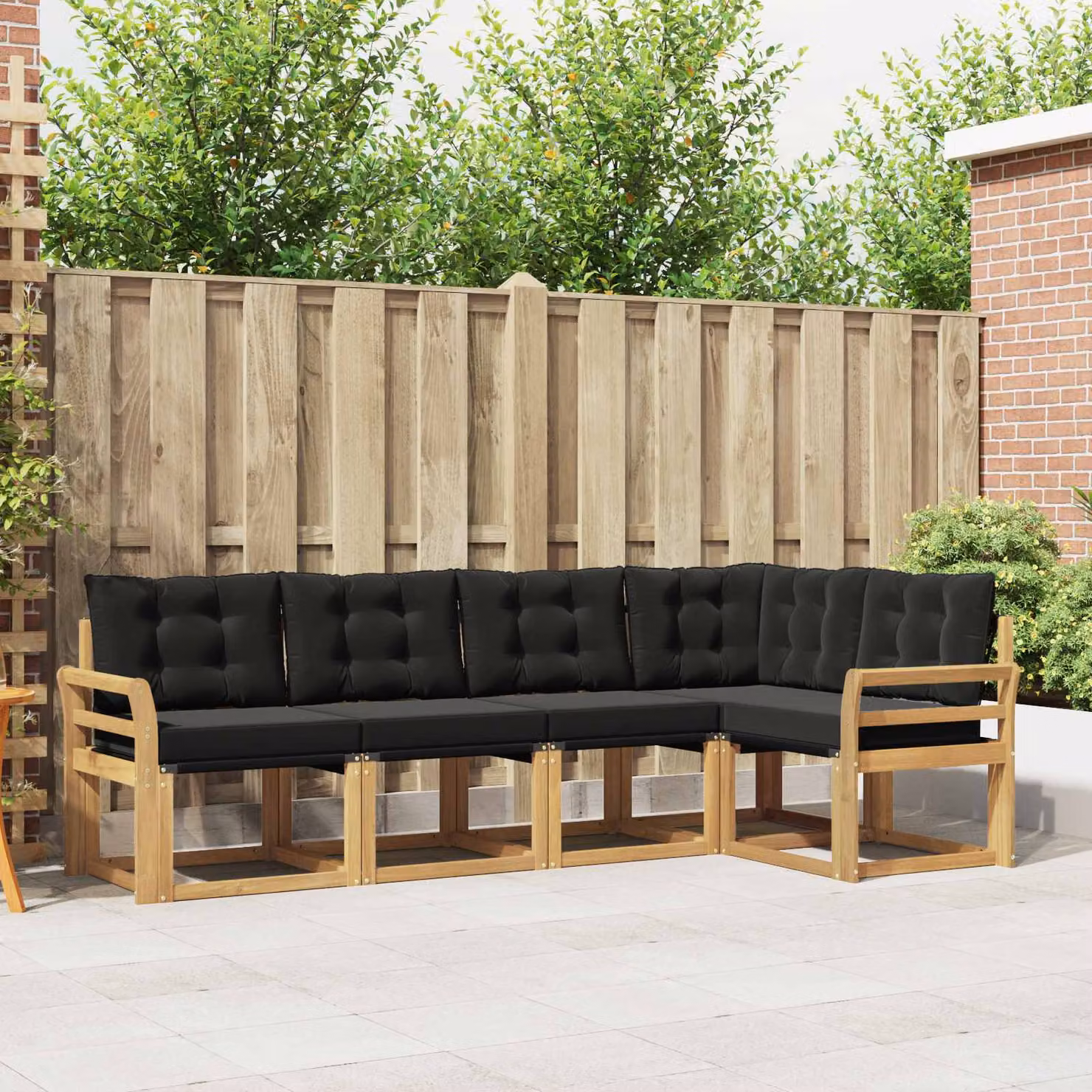Set di divani da esterno vidaXL a forma di L in legno di acacia con cuscini in textilene marrone e nero