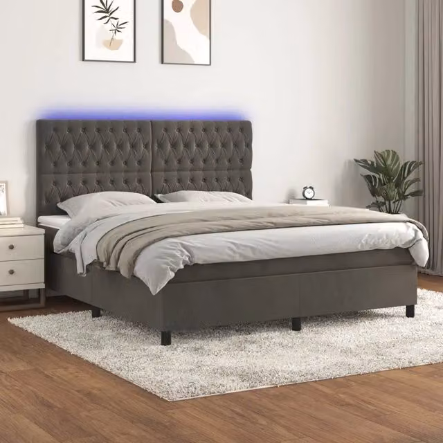 Letto Ibrido con Materasso vidaXL in Velluto Grigio e Bianco con Illuminazione LED e Porte USB L/P/H: 160 x 200 x 128 cm