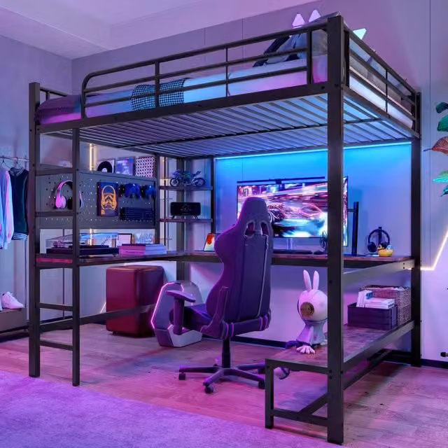 Letto a castello nero in metallo con scrivania led usb-c 140x200 cm