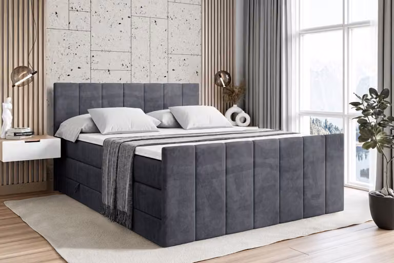 Letto boxspring ALTDECOR con pediera, 2 materassi e topper - 200x200 cm - MOETI-Z KING - Velluto grigio scuro - Letto imbottito con materassi H3 e H4, contenitore e rete a doghe, letto con contenitore