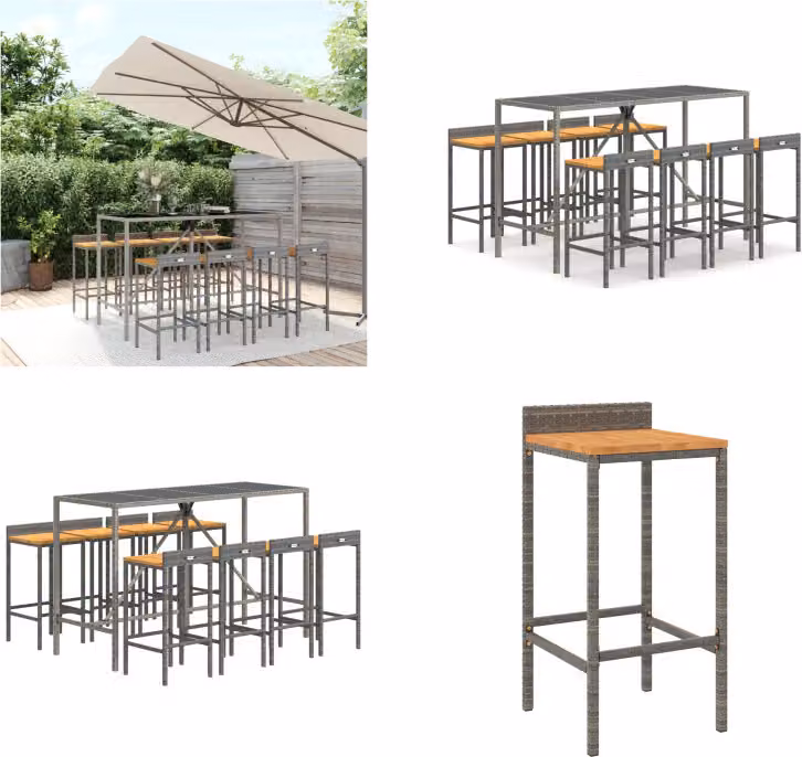 vidaXL Set bar da giardino 9 pezzi in poly rattan grigio e legno massiccio di acacia - Set bar da giardino - Set bar da giardino - Set bar da giardino - Bar da giardino