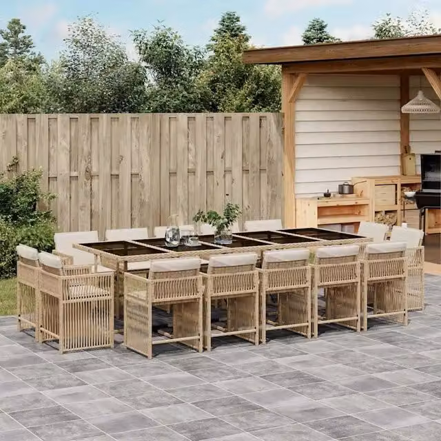 Set da pranzo da giardino vidaXL in polyrattan con cuscini beige e piano in vetro, 15 pezzi