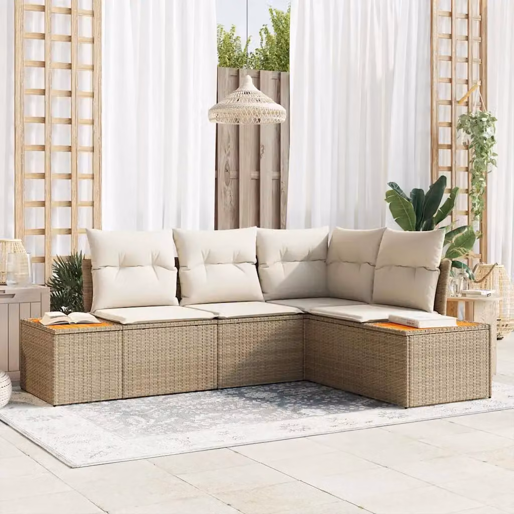 Set Divano da Giardino vidaXL a L con Cuscini Beige e Tavolino, Design Moderno in Rattan e Metallo
