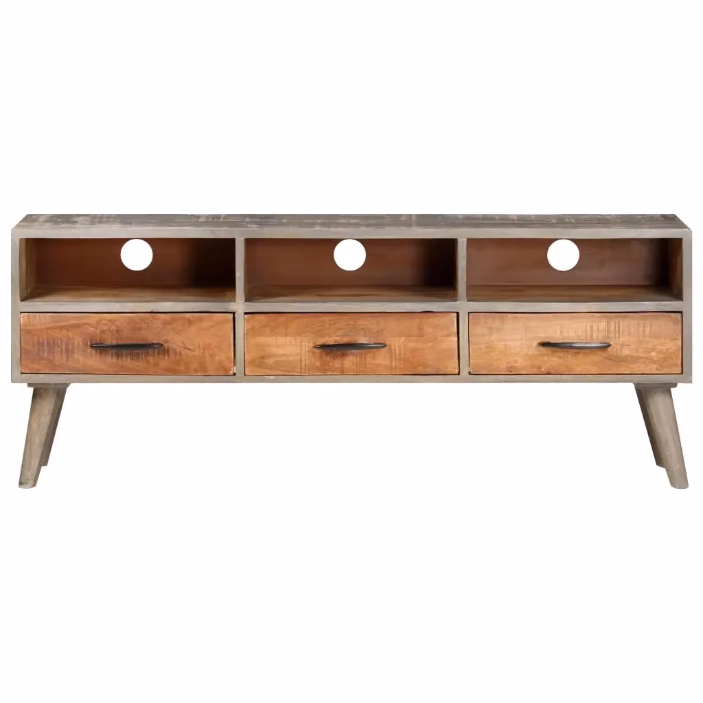 Mobile TV in legno di mango grezzo grigio e marrone stile mid-century L: 130 cm, P: 35 cm, H: 51 cm – 2