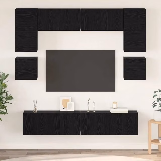 Set mobile TV 8 pz-Credenza per TV Rovere Nero Legno multistrato 985010
