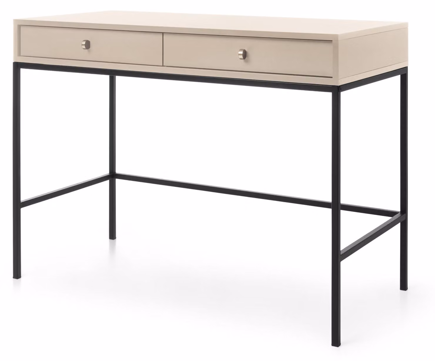 Comò da trucco con due cassetti, color beige, maniglie nere, dimensioni 104 x 50 x 78 cm