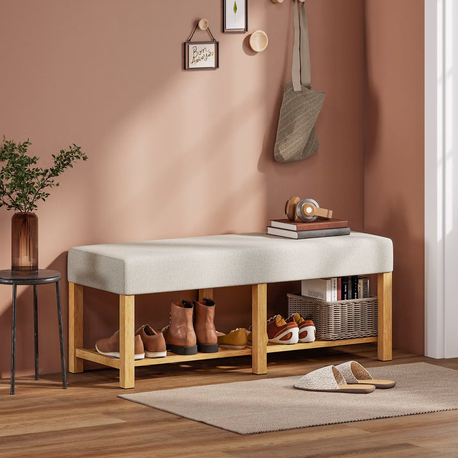 Panca porta scarpe con contenitore e seduta imbottita HOMCOM in legno di hevea naturale, L: 120 cm, P: 44 cm, H: 48 cm – 2