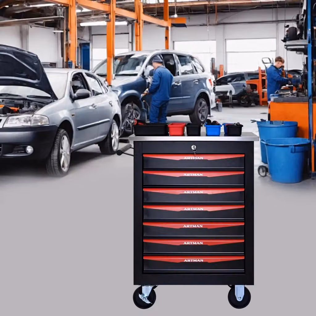 Mobile contenitore in acciaio con 7 cassetti, ruote e serratura per garage e officina, colore nero e rosso, L: 78,0 cm, P: 34,5 cm, H: 62,5 cm – 2