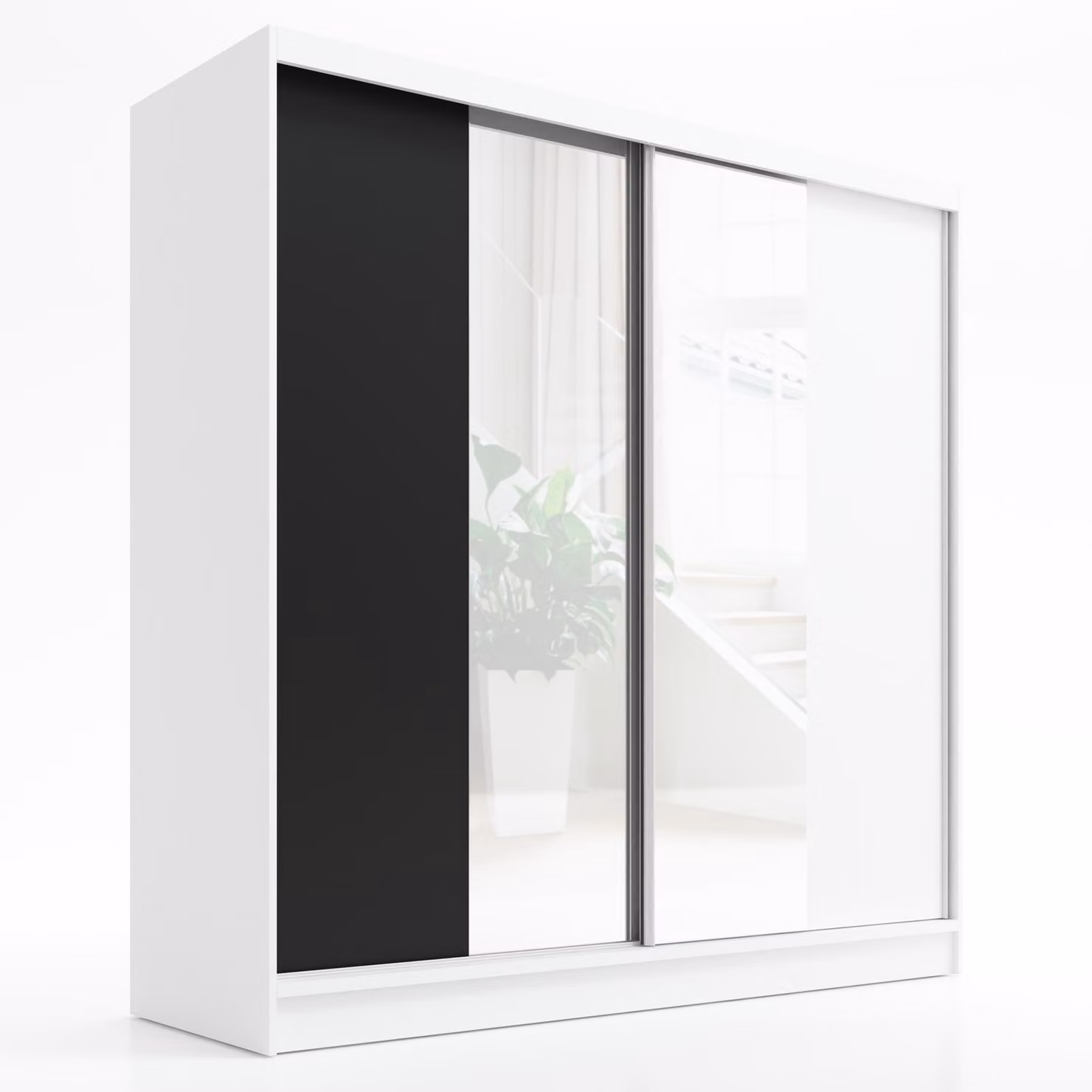 Armadio a battente, 2 ante, con specchio, modello SOLO 200 (bianco, bianco, nero)