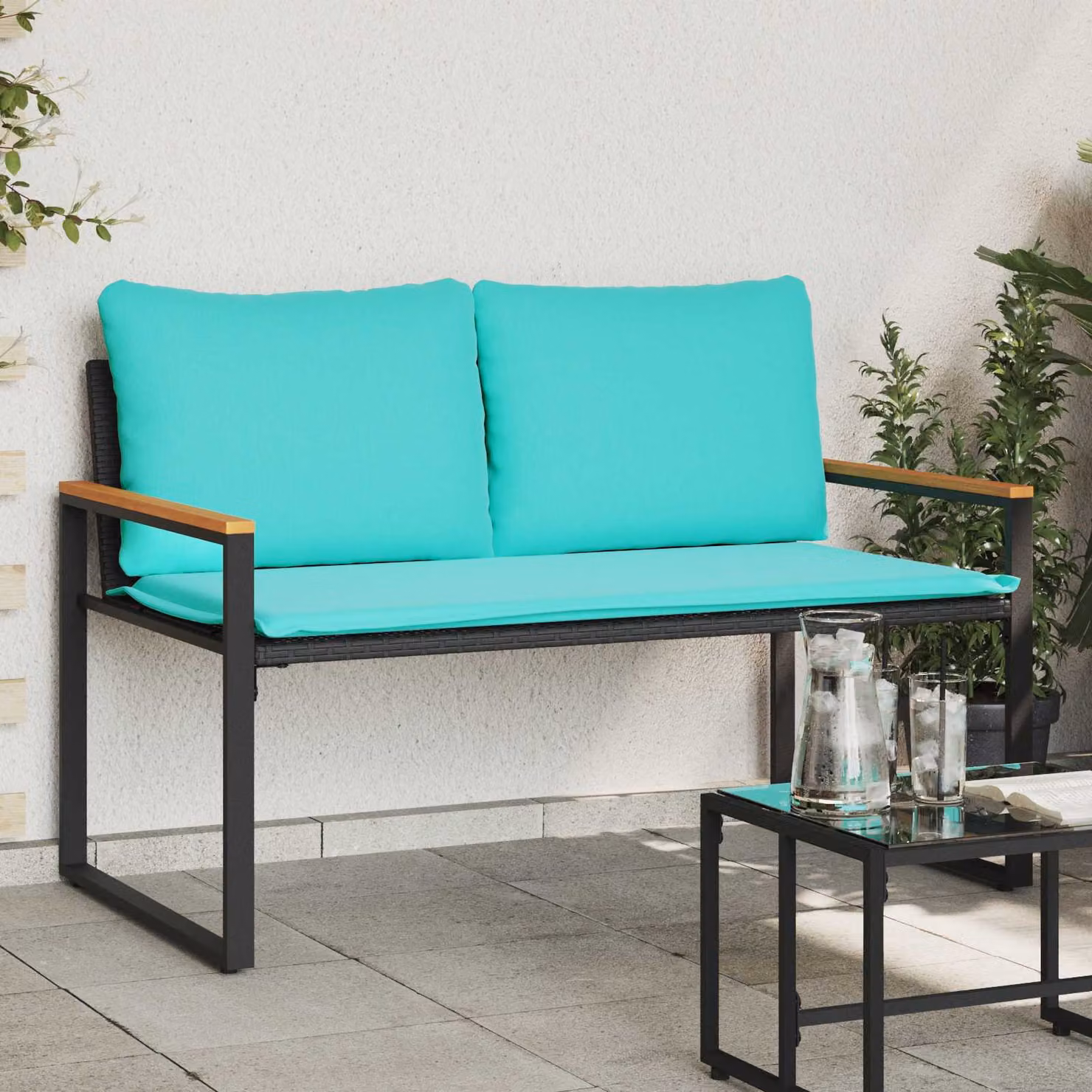 Panchina moderna vidaXL con cuscino in tessuto per giardino e terrazzo, realizzata in rattan, legno di acacia e metallo, colori nero e turchese, L 115 x P 65 x H 72 cm