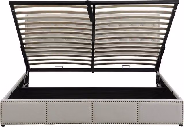 Letto imbottito in cotone-lino con box contenitore e pistone idraulico, 140 x 200 cm, senza materasso