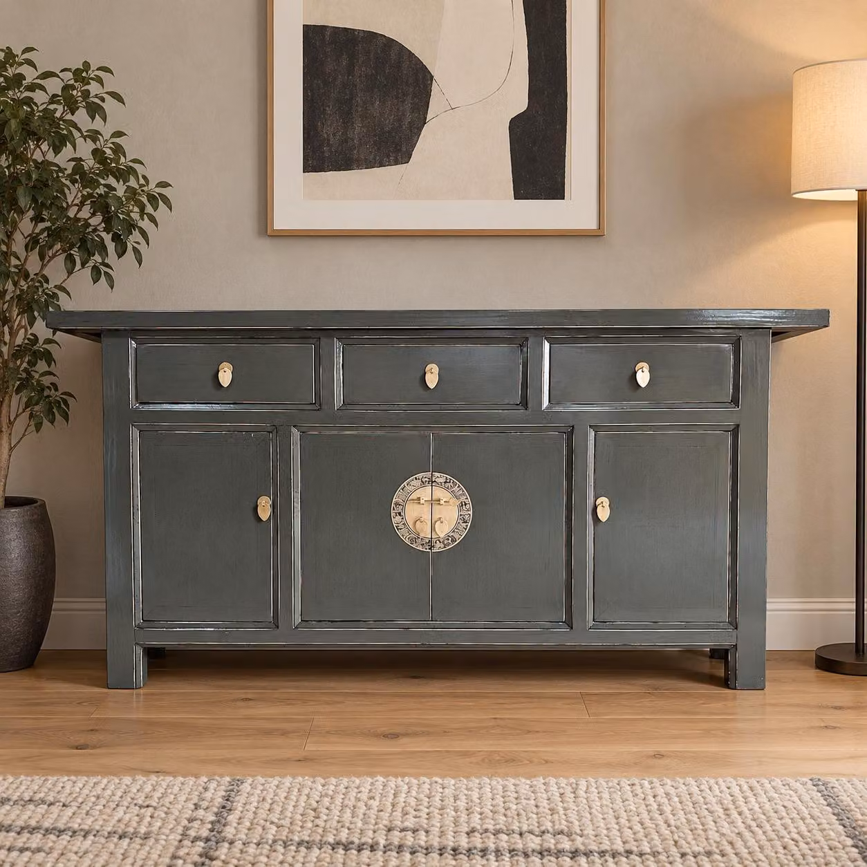 Mobiletto contenitore, credenza, basso mobile, stile asiatico, completo di montaggio, stile cinese, orientale, color grigio scuro, buffet, carrello di servizio, stile vintage