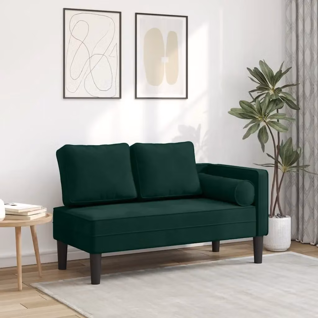 Chaise Longue Moderna in Velluto Verde con Cuscini e Imbottitura in Schiuma L/P/H: 116.5 x 62.0 x 57.5 cm – 2