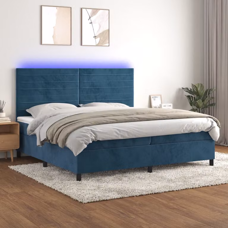 Letto Ibrido vidaXL in Velluto Blu con Materasso a Molle Individuali, Illuminazione LED Sotto il Letto e Porte USB, L/P: 200 x 200 cm, H: 128 cm