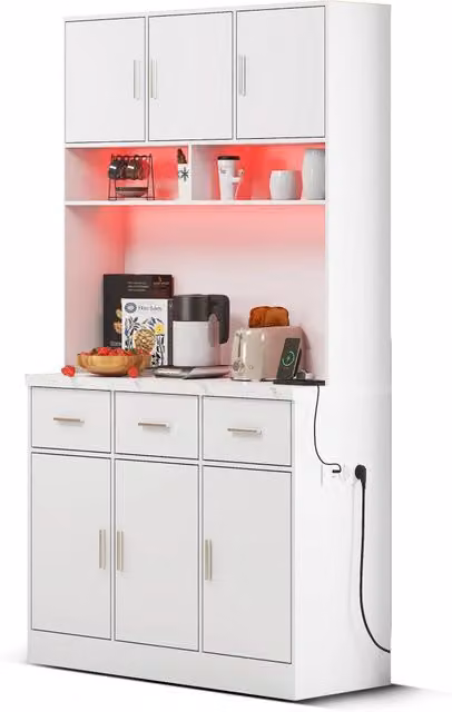 Buffet multifunzionale bianco 100x40x180 cm con illuminazione LED e controllo APP, cassetti, ripiani regolabili e presa integrata