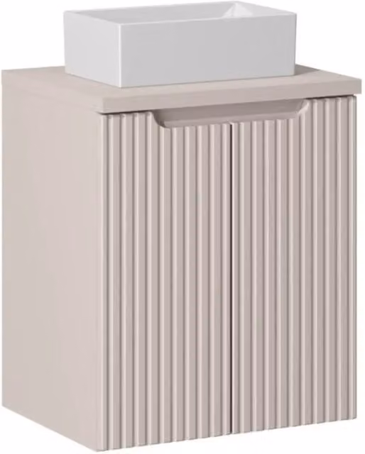 Set VANO cachemire opaco 50cm: mobile sotto lavabo con armadietti + piano per lavabo + lavabo rettangolare da appoggio bianco