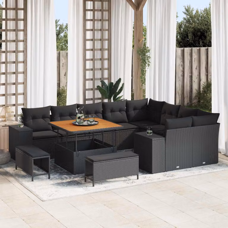Set Divano da Giardino vidaXL 12 Pezzi Moderno in Polyrattan Nero con Cuscini e Tavolino da Esterno