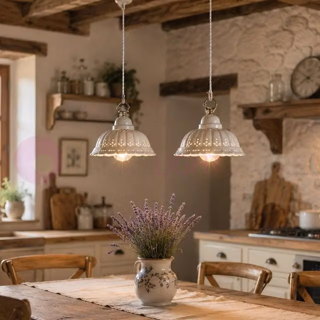 Lampada a sospensione POMARANCE in ceramica bianca e ottone con design traforato e diametro: 22 cm