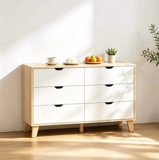 Comò contenitore bianco con 6 cassetti e base in legno 120x40x76 cm