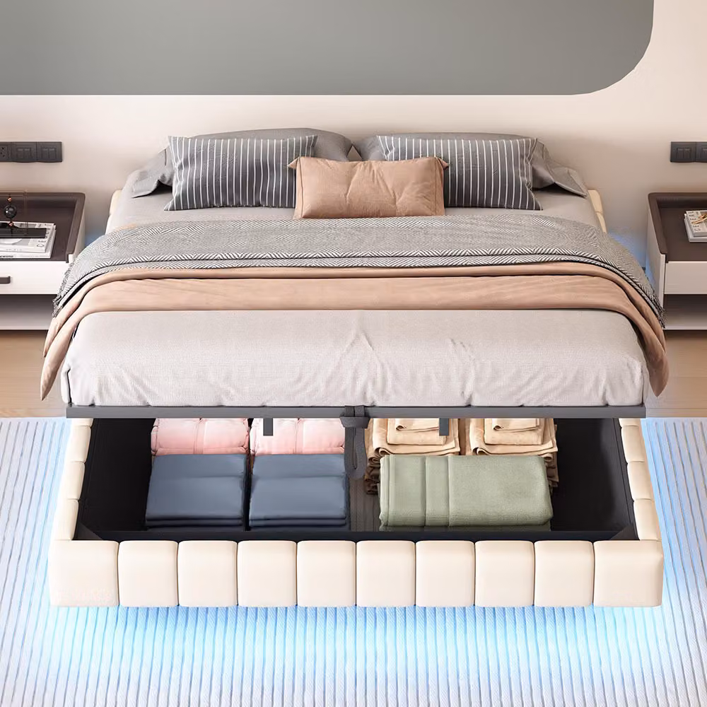 Letto imbottito Sweiko 180x200 cm, giroletto idraulico con contenitore, senza testata , Beige