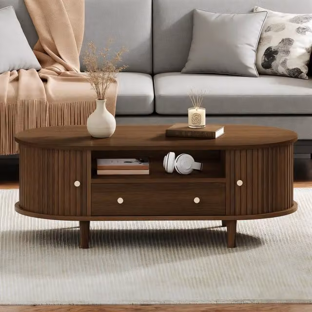 Desviae Tavolino basso ovale con cassetto vano aperto e anta avvolgibile in MDF color noce per soggiorno 100 × 50 × 36 cm